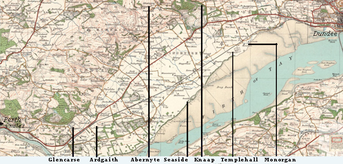 map showing positions of knaap, seaside, monorgan, templehall, ardgaurth and glencarse.
