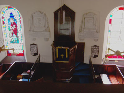 view down to the pulpit from the balcony