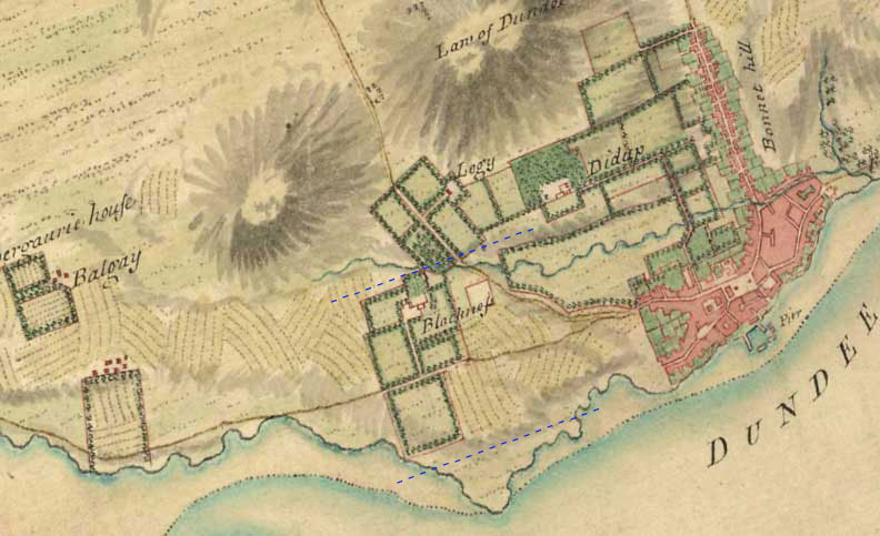 1750 map showing Blackness Estate and Dundee