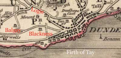 map of Dundee showing Balgay, Logie and Blackness in 1832