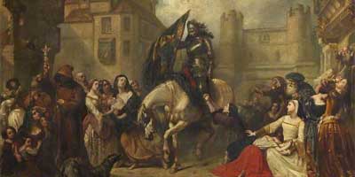 historic painting of the return from Flodden